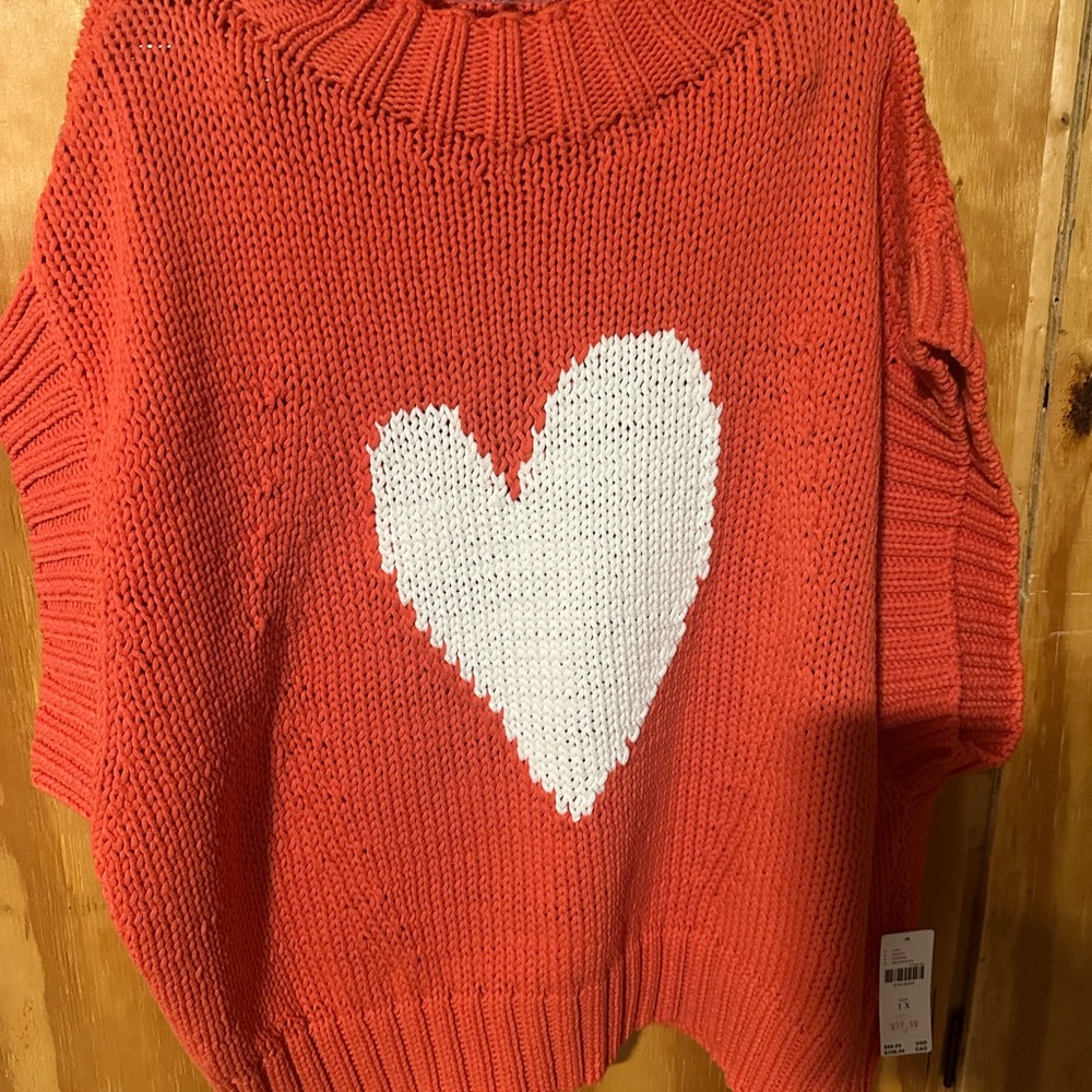 Maeve Orange/Red and White Turtleneck Sweater with Bold Heart Design